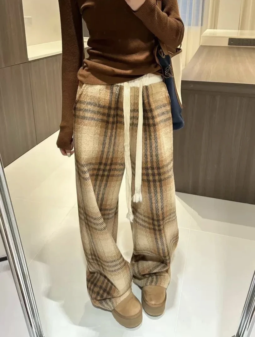 【AIYY严选】格子阔腿拖地裤时尚百搭网红爆款显瘦高腰冬季保暖裤