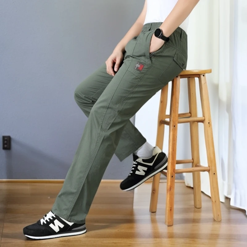 春秋新款纯棉休闲裤男斜兜拉链宽松直筒大码青年中年商务工装长裤