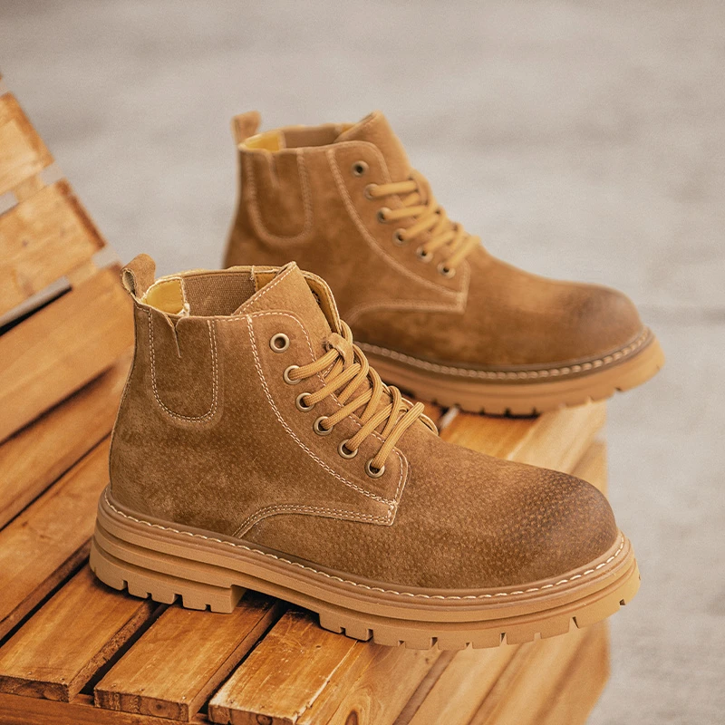 2025秋冬季新款时尚潮流百搭舒适黄色卡其色休闲系带马丁靴男款