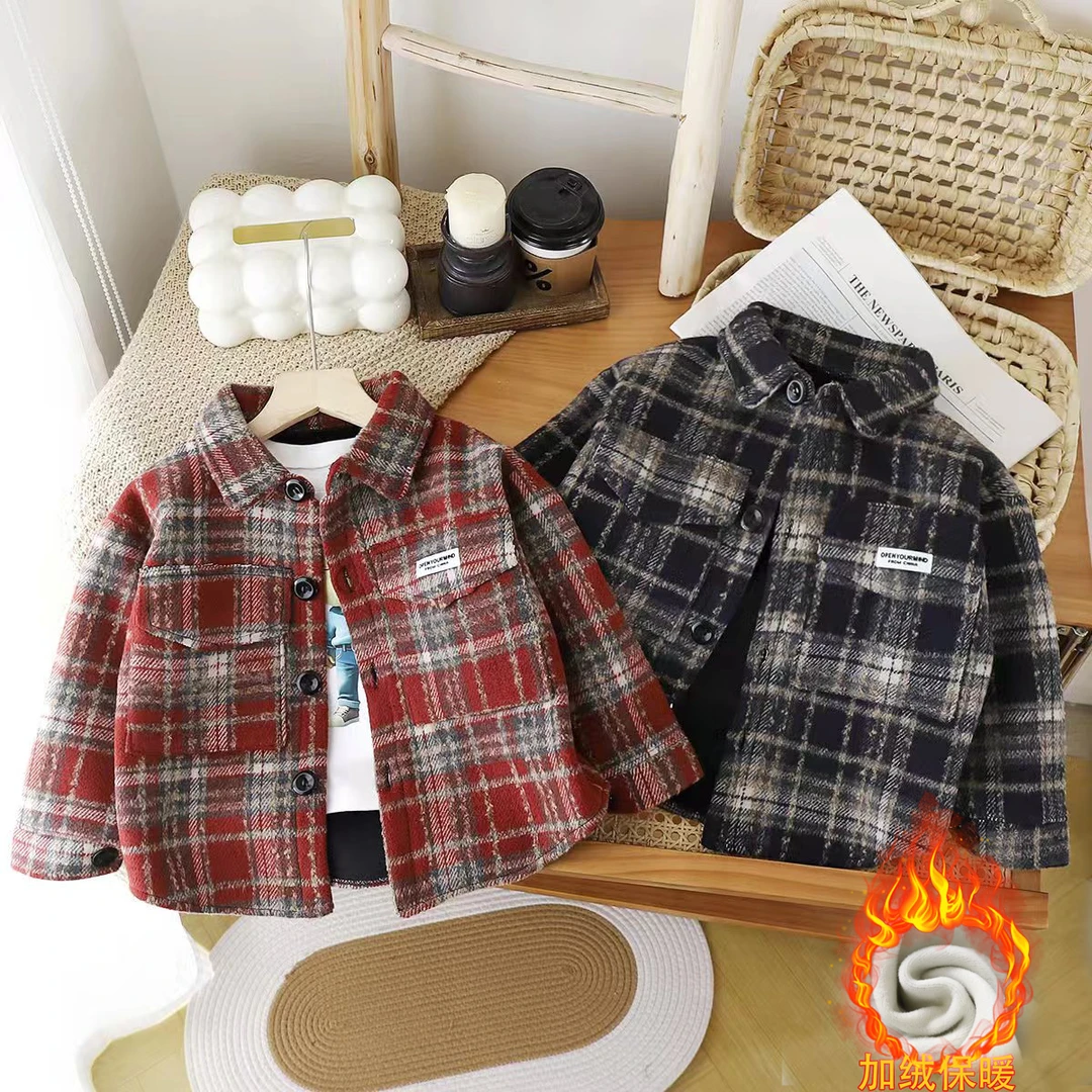 2024秋冬季儿童加绒加厚男女宝宝褂子上衣长袖上衣中小童衬衣外套