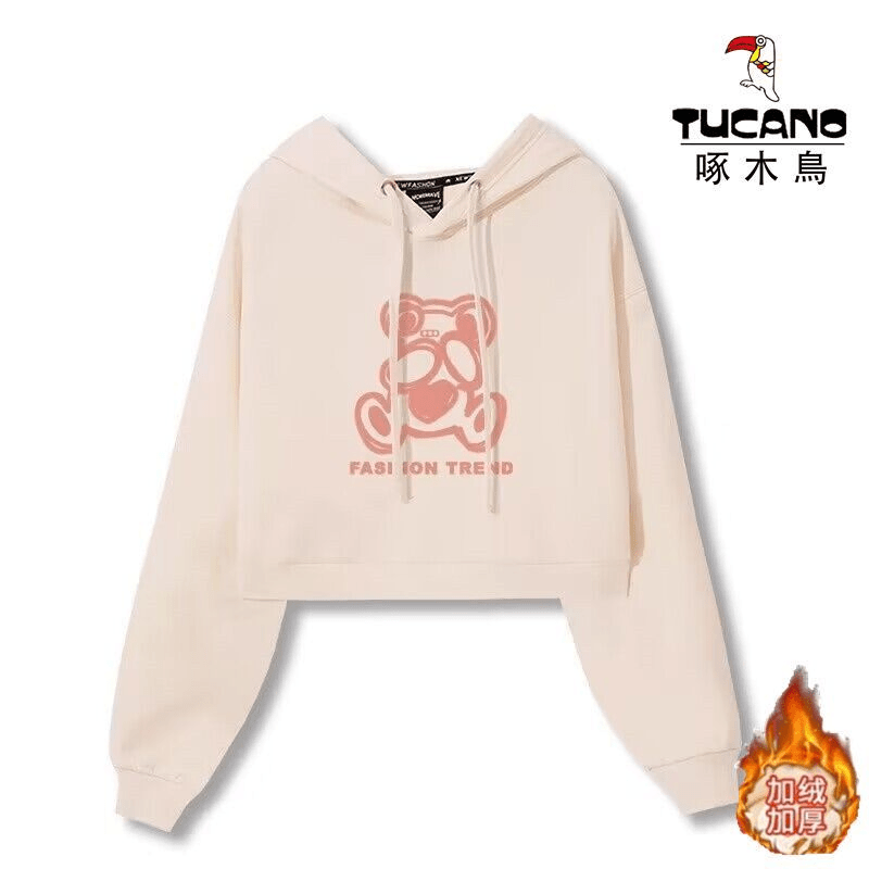 啄木鸟2023年秋冬新款时尚短款潮流宽松显瘦韩版百搭加绒连帽卫衣