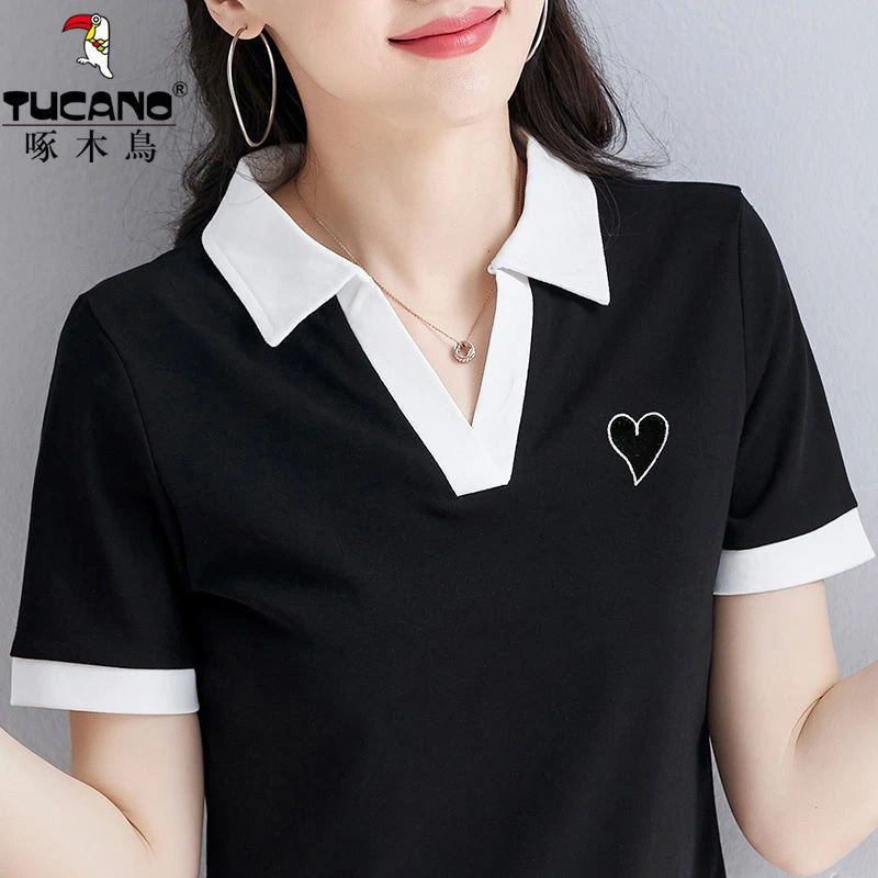 啄木鸟短袖t恤修身女装2025年夏季新款翻领显瘦时尚印花薄款上衣