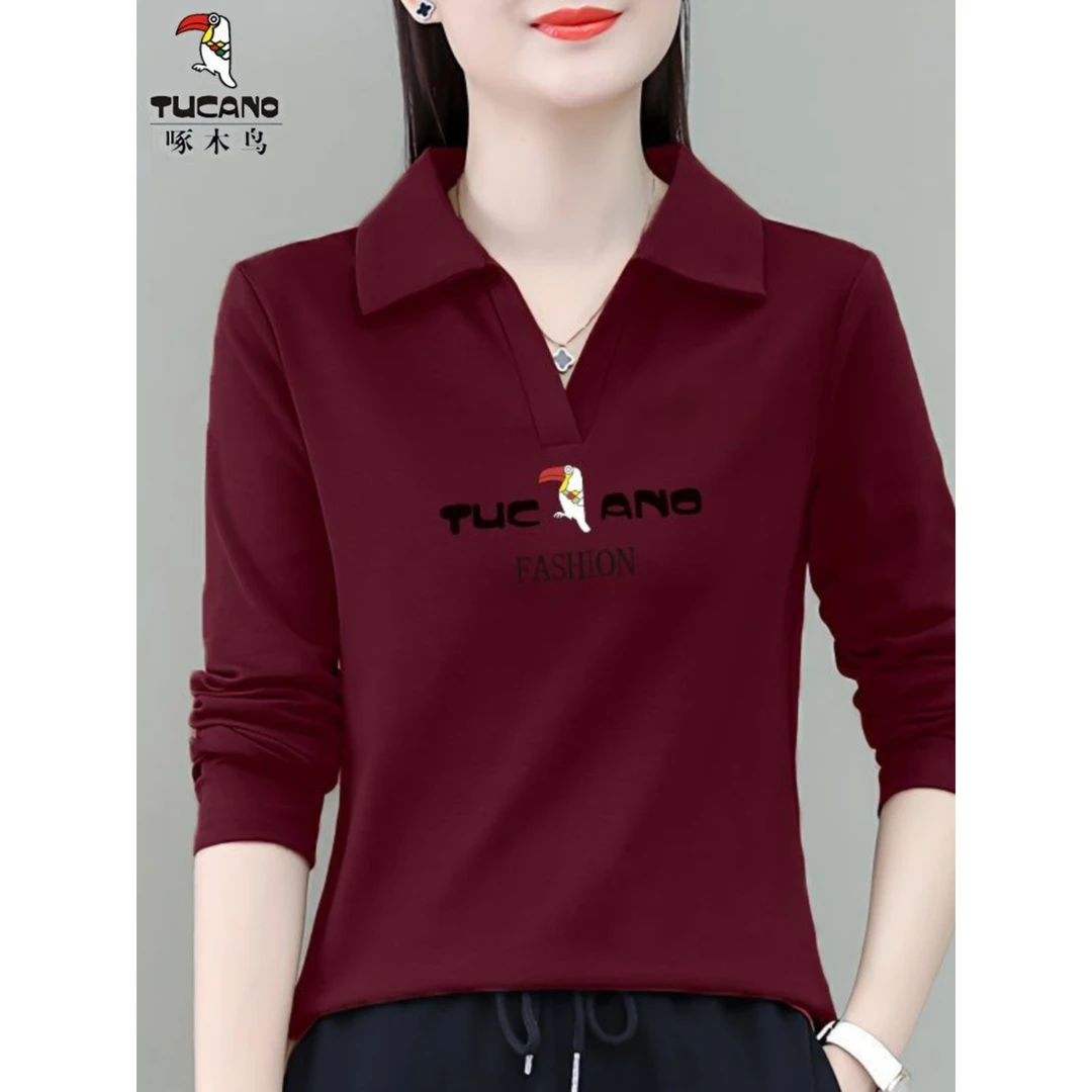 啄木鸟长袖T恤女ins潮春秋2024年百搭时尚修身薄款套头翻领打底衫