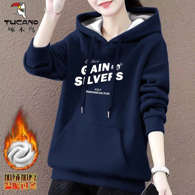啄木鸟加绒加厚连帽卫衣女秋冬2024新款中年减龄保暖休闲长袖上衣