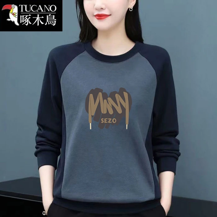 啄木鸟2024秋冬新款中年大码圆领卫衣拼接印花长袖女妈妈t恤上衣