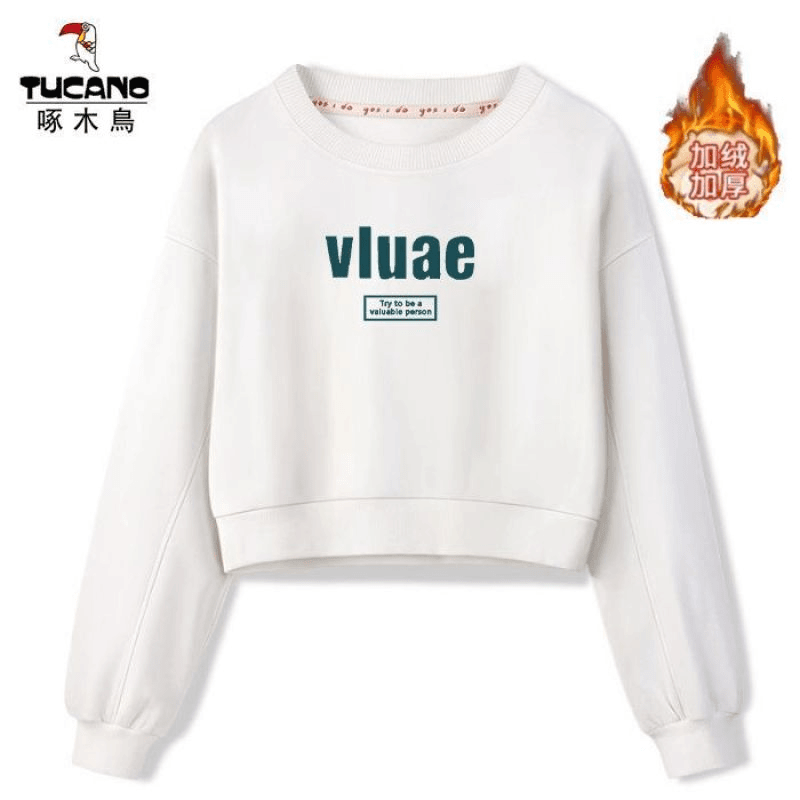 啄木鸟加绒加厚圆领短款长袖卫衣女2023秋冬季新款韩版打底衫外套