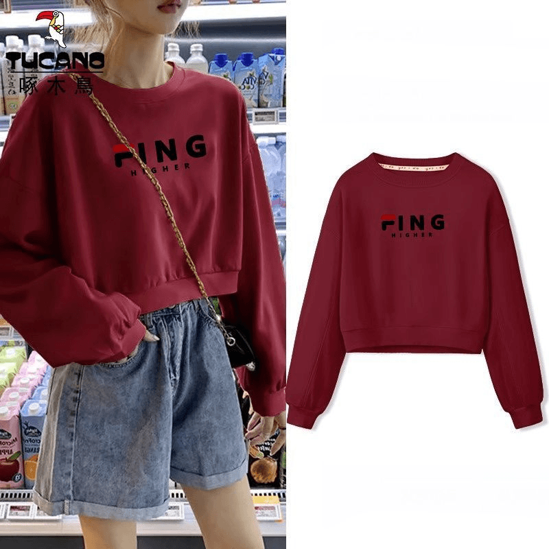 啄木鸟美式卫衣女2023新款短款春秋小个子学生圆领纯棉上衣加绒