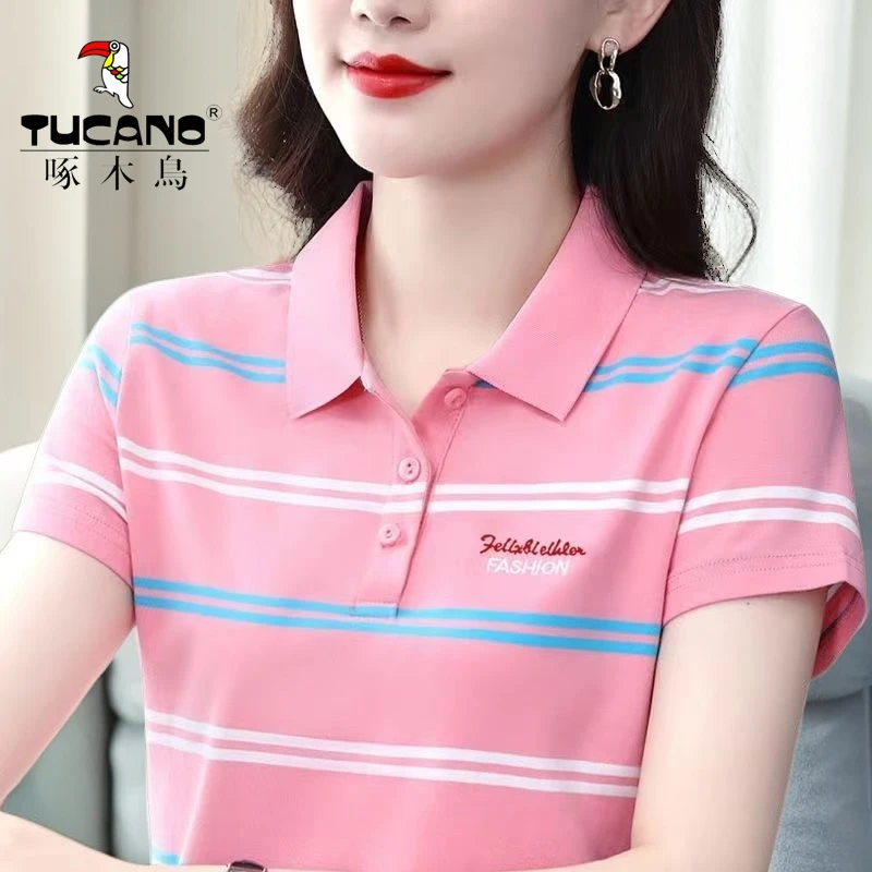 啄木鸟正品短袖t恤女2024年夏装新款宽松大码条纹上衣翻领polo衫