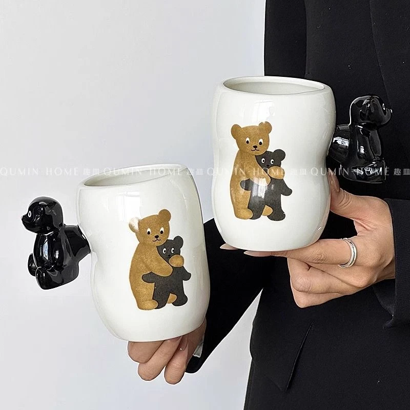趣皿ins风可爱小熊陶瓷漱口杯情侣马克水杯高颜值超文艺咖啡杯