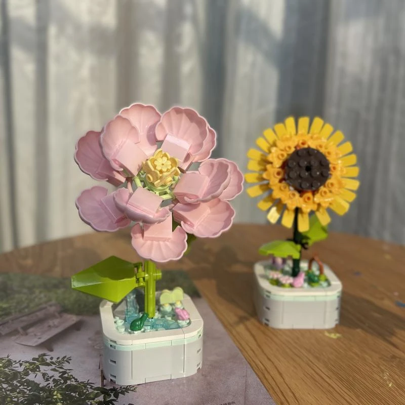 积木花盆栽永生花乐植物女孩系列小颗粒芙蓉花摆件玩具生日礼物