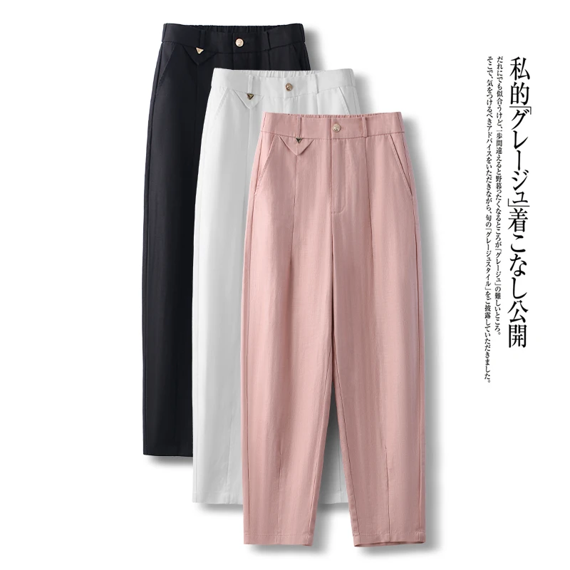 天丝亚麻休闲裤2025夏季新款简约宽松高腰垂感百搭九分哈伦裤