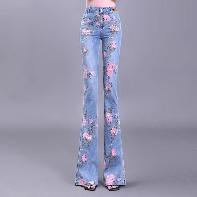 牛仔裤女2025春秋季新款复古印花牛仔微喇裤显瘦修身高腰喇叭裤子