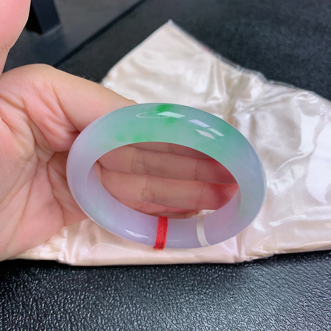 54圈天然缅甸A货翡翠老坑冰透起胶春带彩飘阳绿手镯