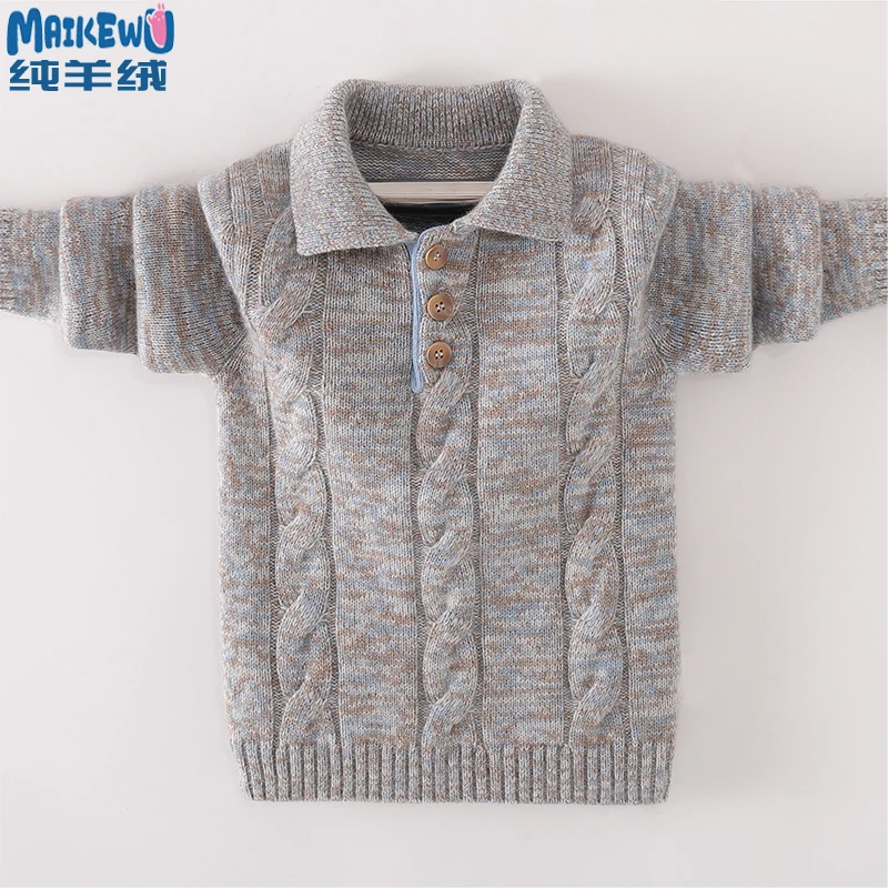 加厚保暖儿童100%纯羊绒衫男童翻领毛衣polo领秋冬大男孩打底上衣