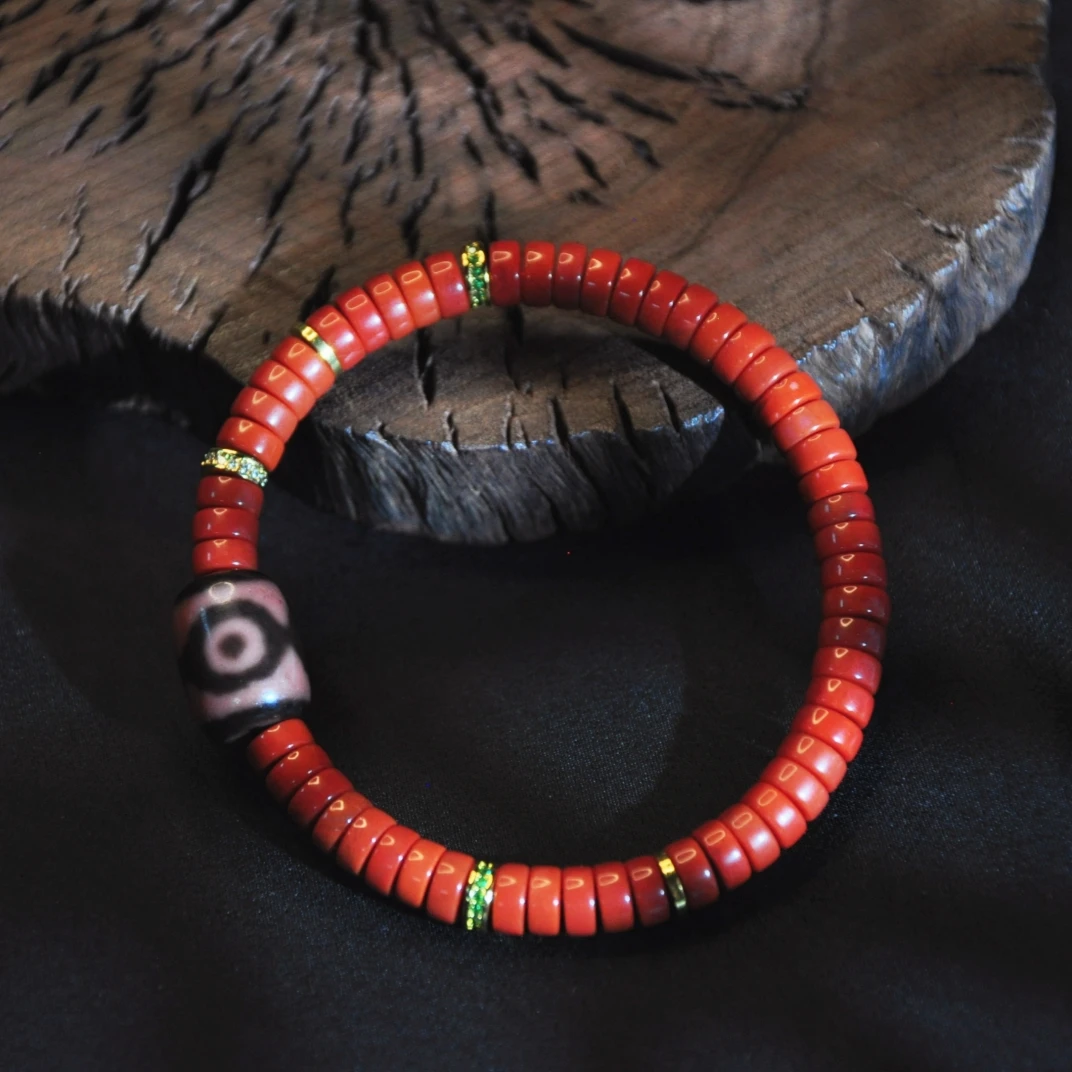 【龙家周年庆】三眼珠珠配南红直切药片单圈手串A1892517