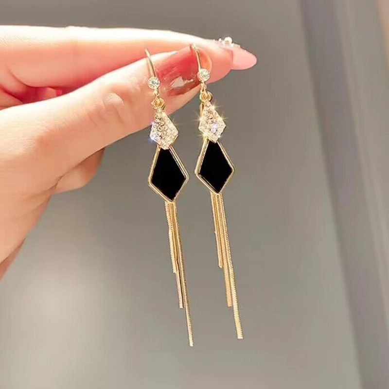 锌合金玻璃耳饰 气质长款女网红耳坠流苏菱形时尚耳环耳饰显瘦