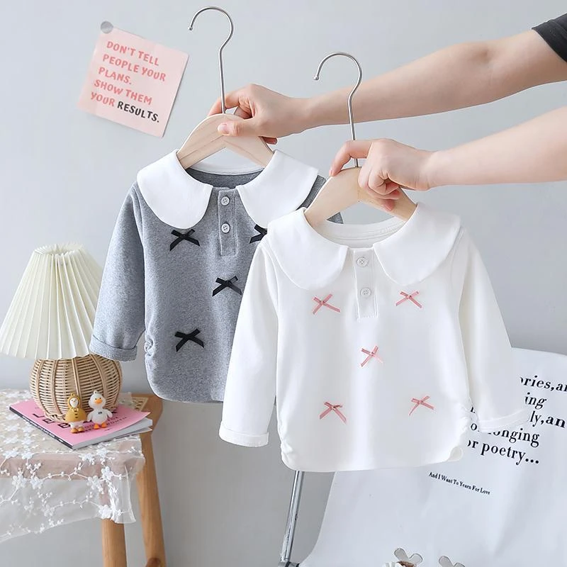 女童撞色蝴蝶结长袖T恤婴儿翻领上衣儿童内搭女宝宝打底衫春秋款