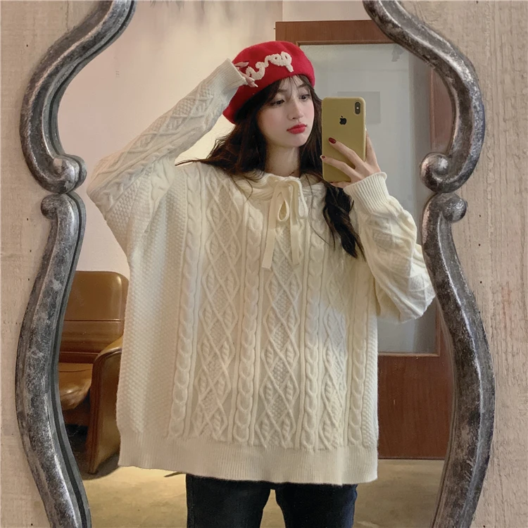 玥玥女装宽松大版麻花慵懒风连帽毛衣女厚软糯休闲百搭针织帽子衫