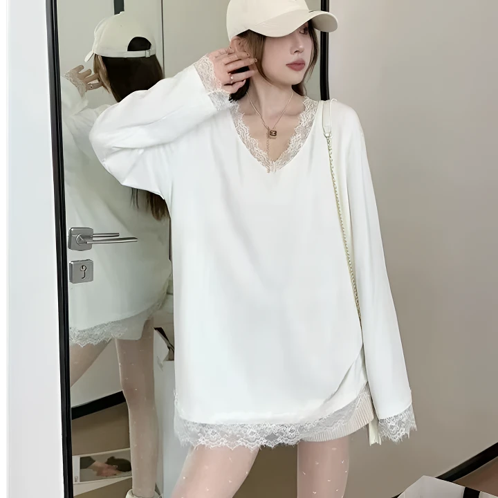 白色长袖T恤女春秋冬气质蕾丝甜美打底衫宽松时尚纯色中长款上衣