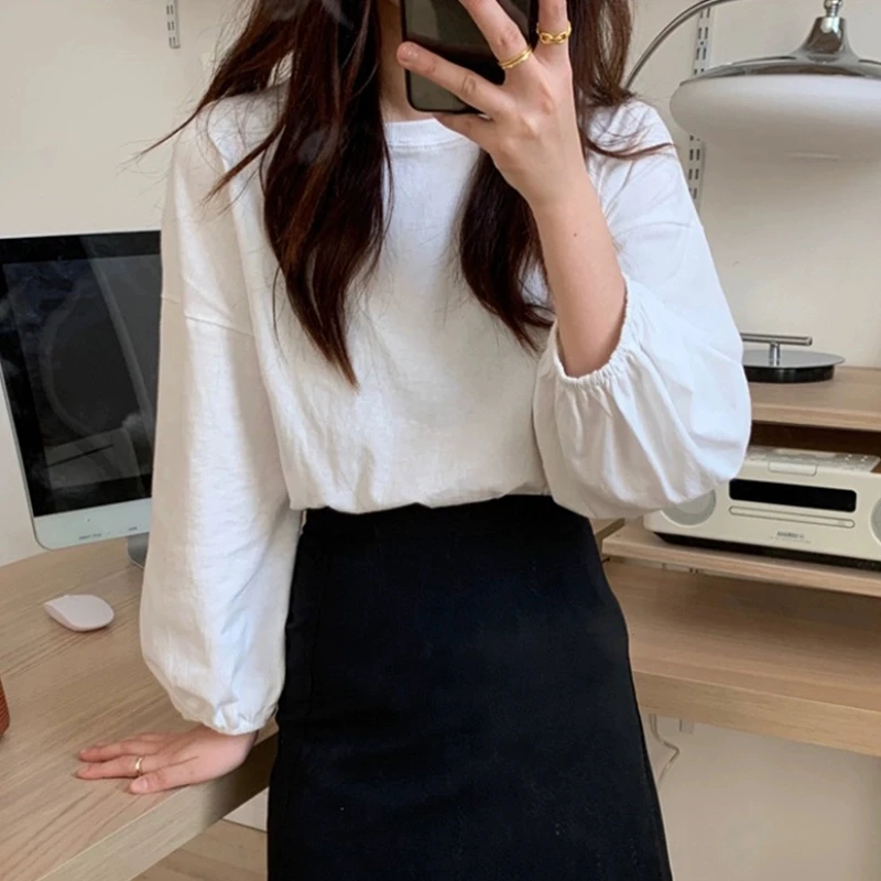 韩版白色灯笼袖T恤女宽松百搭气质复古学生纯色显瘦打底衫上衣服