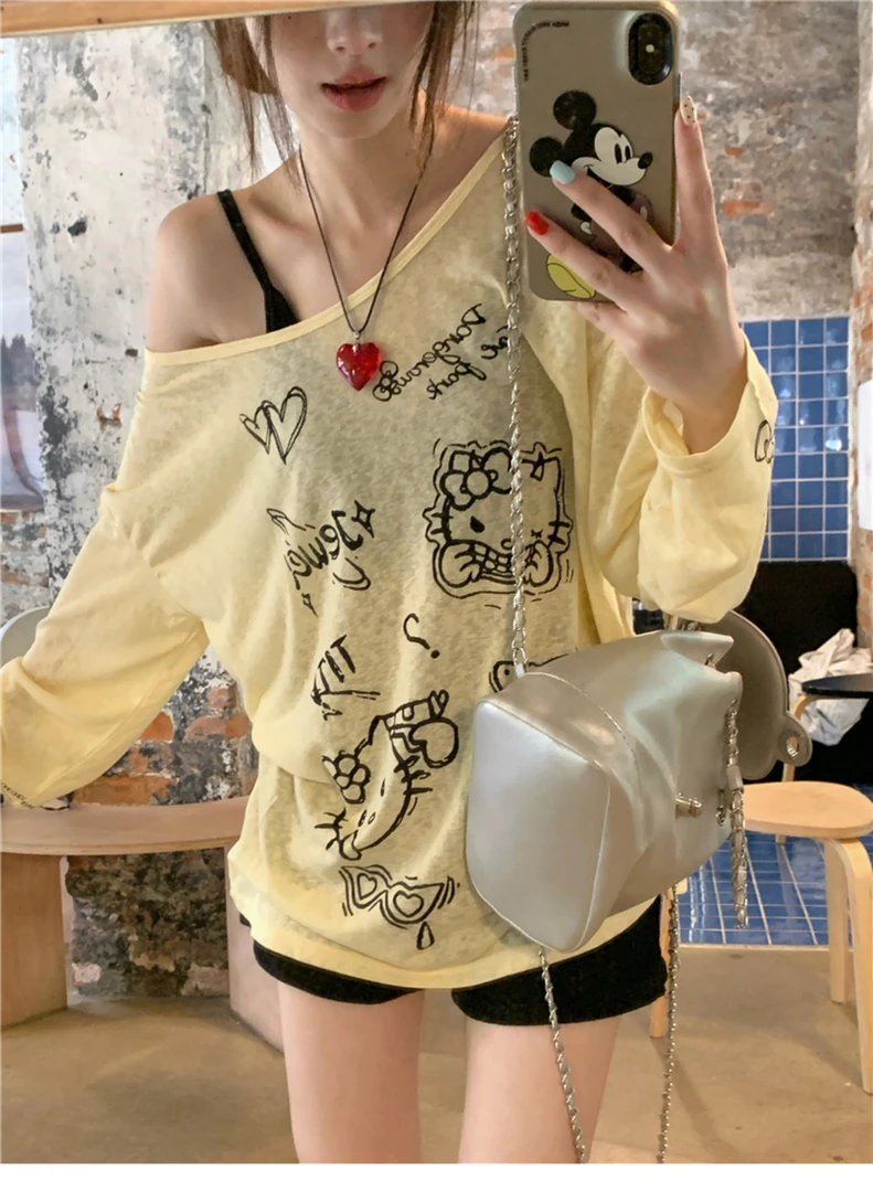 斜肩长袖T恤女春秋夏季卡通印花设计感小众宽松显瘦防晒辣妹上衣