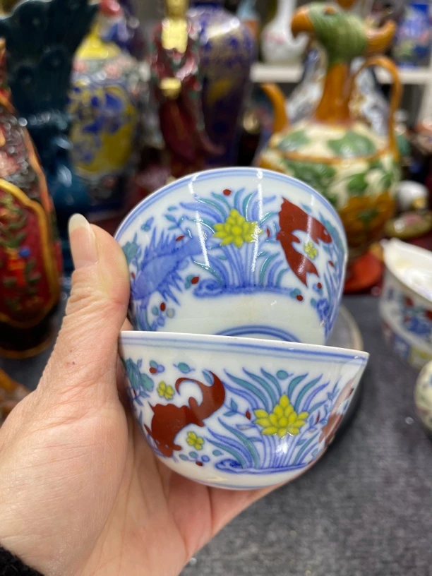 斗彩鱼藻纹不到杯压手杯陶瓷茶具