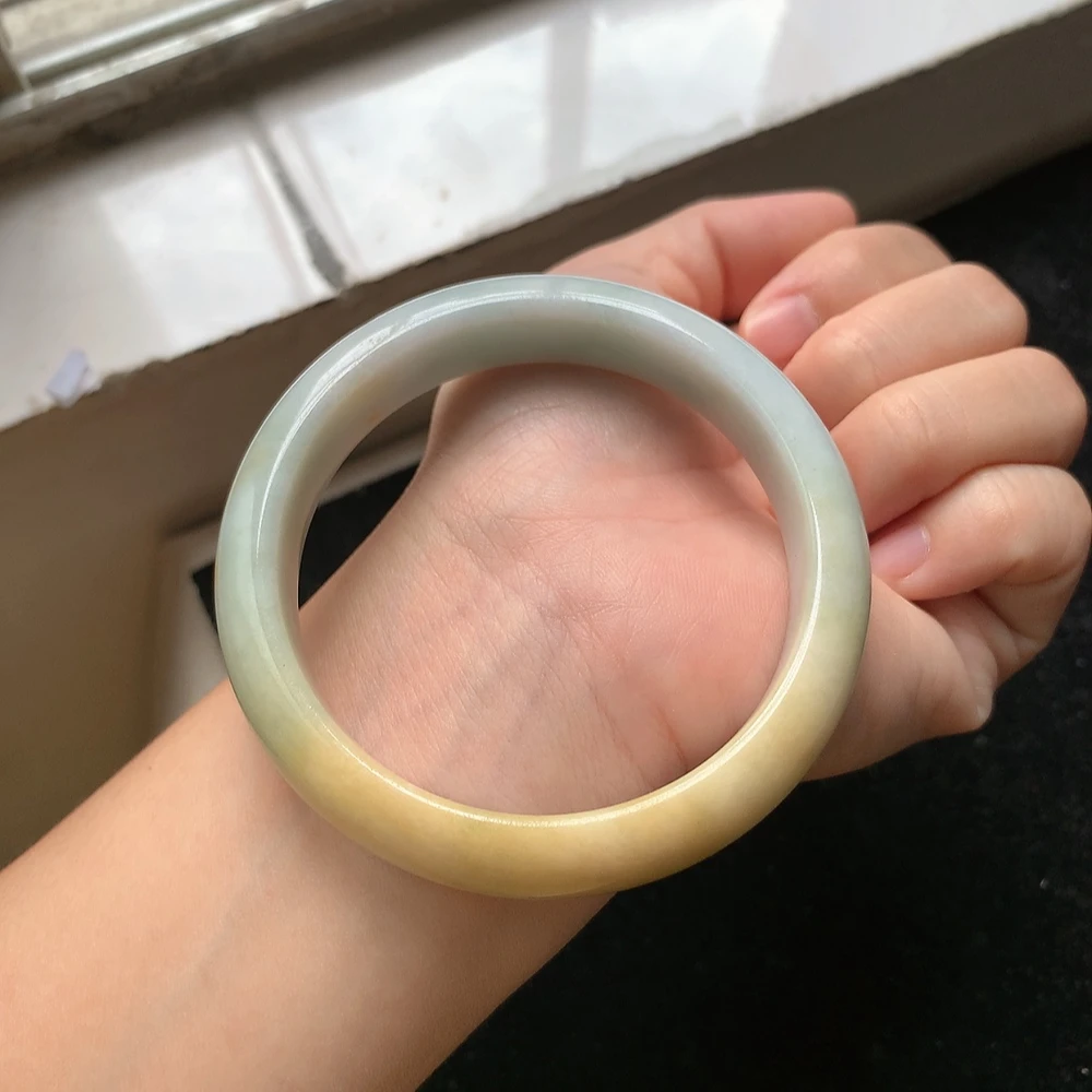 1613号 缅甸天然A货翡翠黄翡手镯57/58圈口飘黄宽边正装手镯