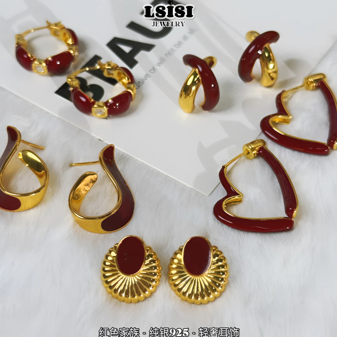 925银耳饰 安可拉红色耳环小众设计法式耳饰复古气质耳扣设计感