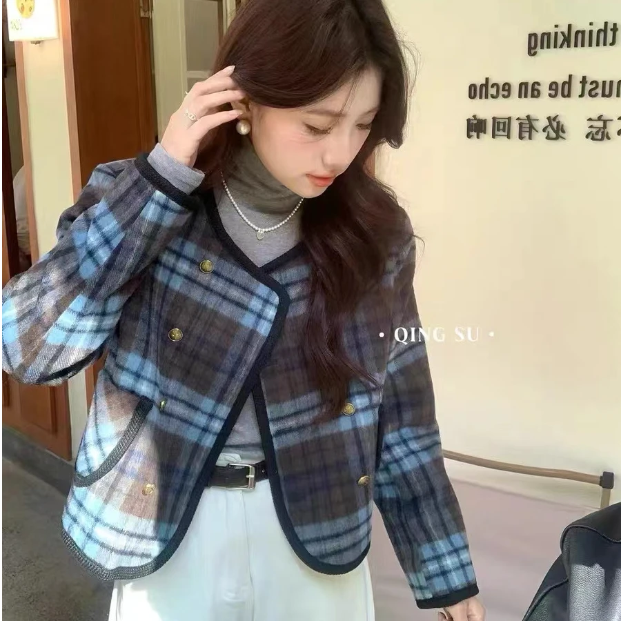 小香风羊毛格子加棉加厚短外套女24秋冬季新款小个呢子洋气89030