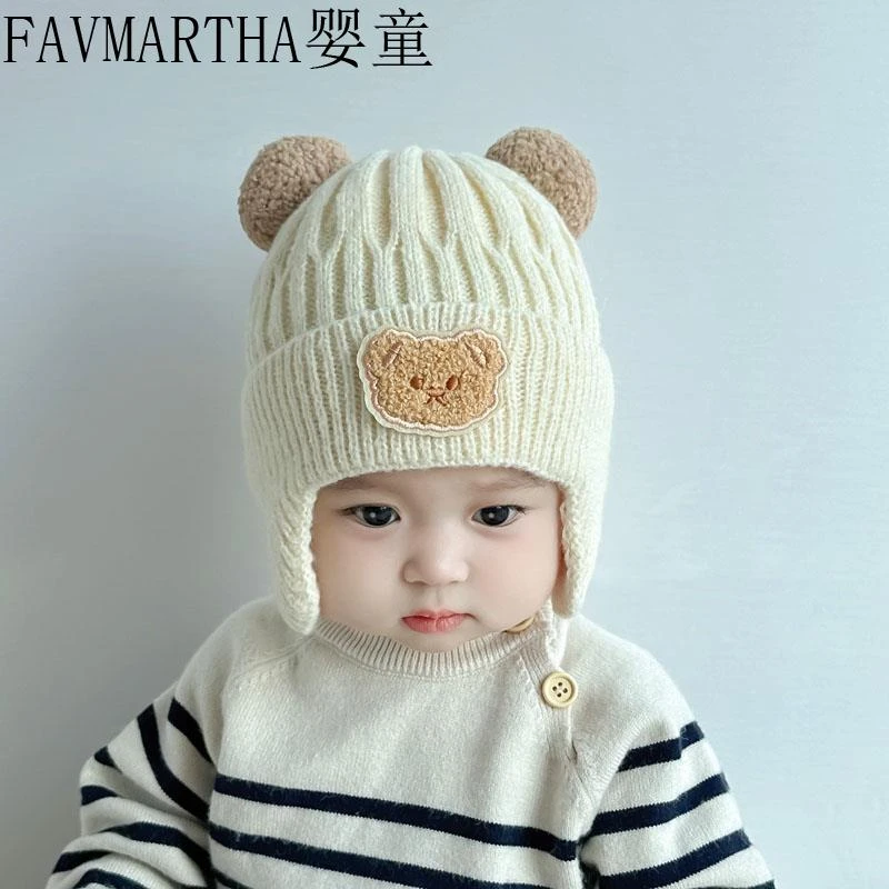 FAVMARTHA宝宝帽子秋冬季可爱小熊婴幼儿防风护耳帽保暖男童针织