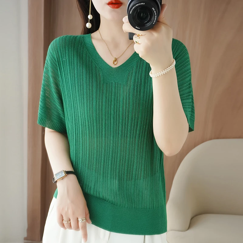 夏季新款冰丝针织t恤女宽松坑条棉麻V领百搭半袖上衣韩版宽松爆款