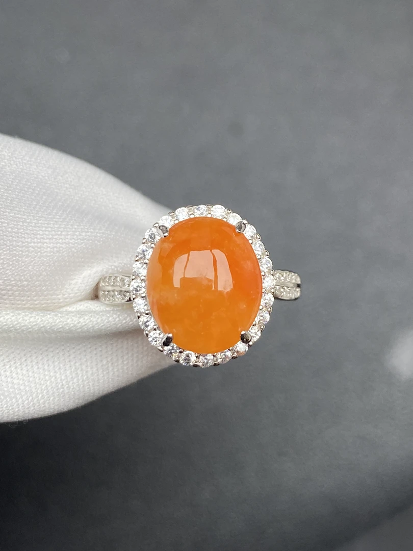 天然A货翡翠满色红黄翡翠高级红润橘红橘黄黄色色标级S925银镶嵌