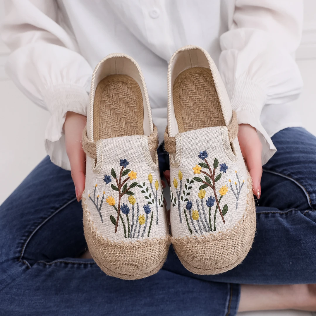 春枝新中式绣花鞋新款文艺帆布鞋田园风居家女鞋亚麻防滑懒人鞋