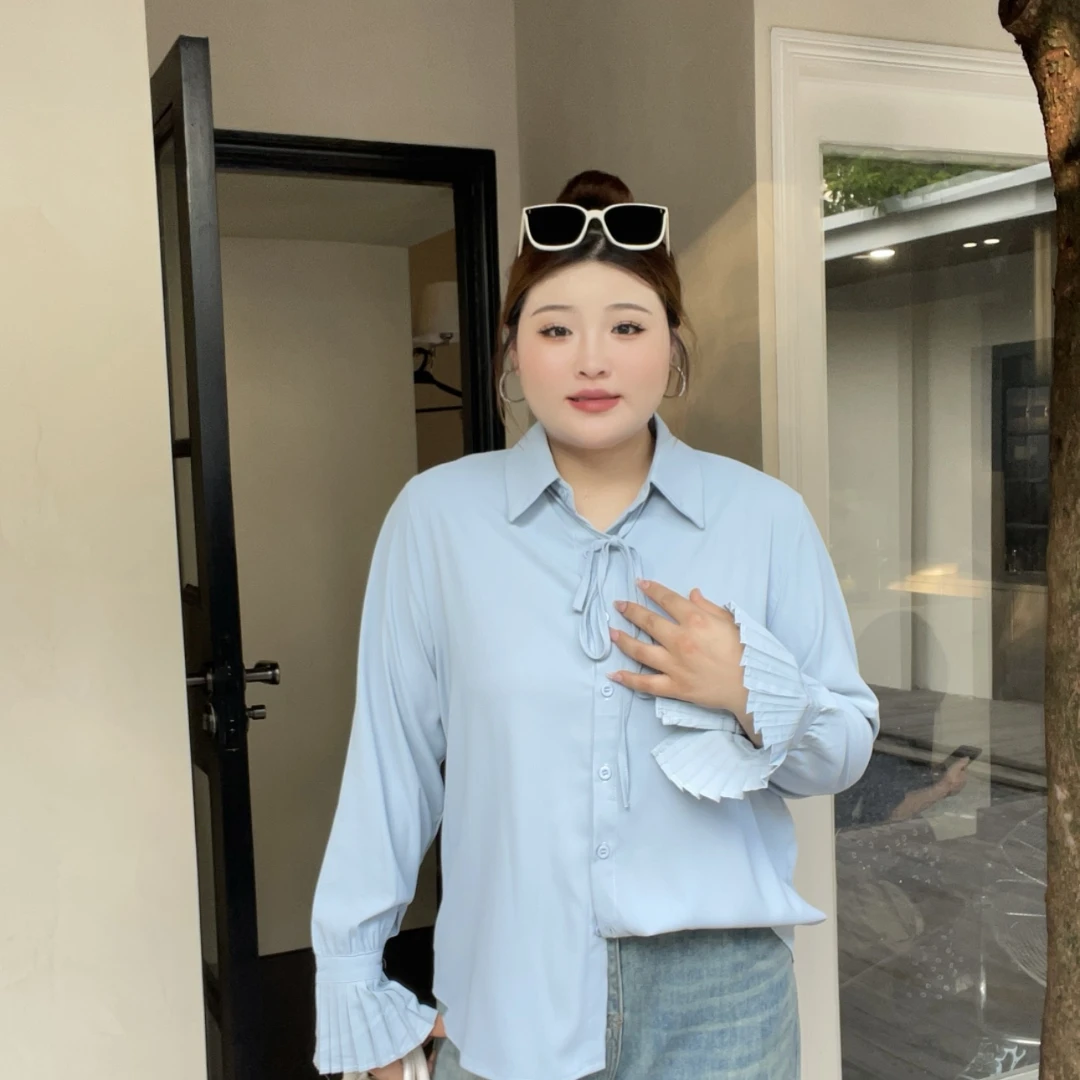 【洋开心】秋装新款胖mm大码女风设计高级感法式喇叭袖气质衬衣上衣