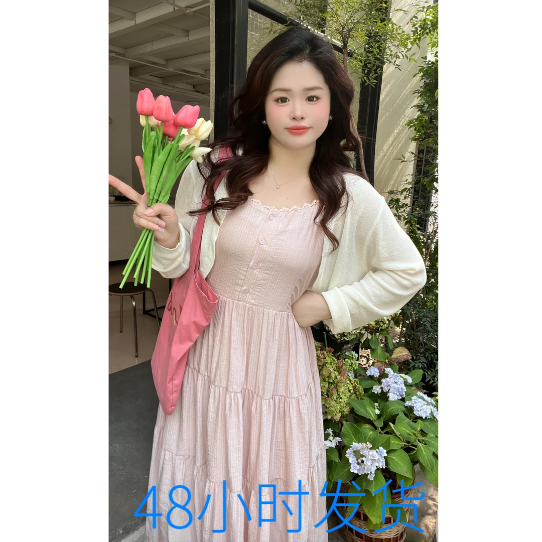 【青苍】大码女装夏季新款吊带连衣裙法式蕾丝系扣长裙