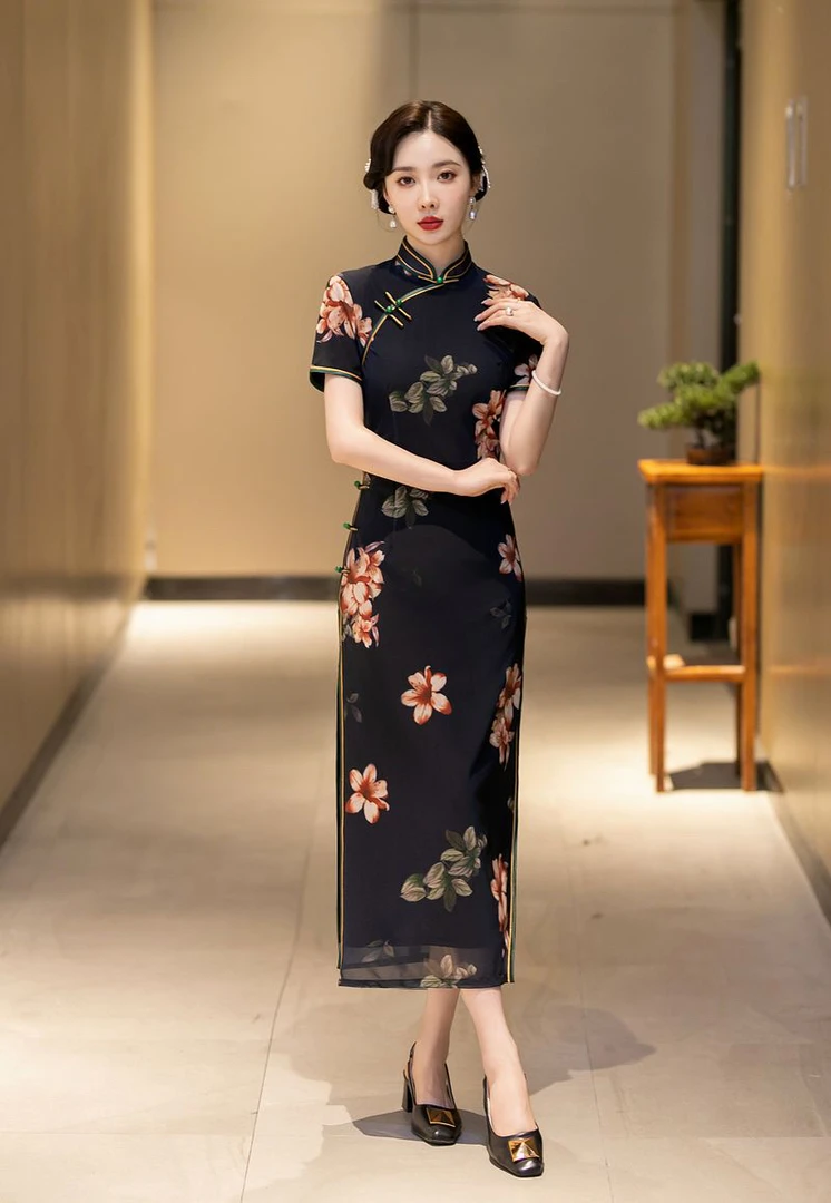 【282】125cm黑纱重缎气质旗袍