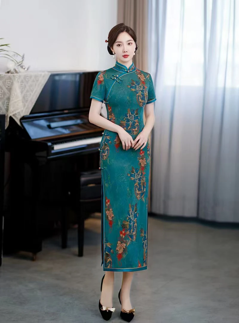 【220】（衣长123-125cm)长款气质纺醋酸缎优雅旗袍