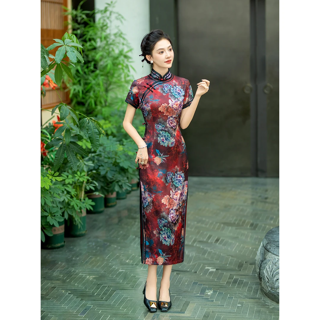 【8095】(衣长125cm)万花丛中长款气质旗袍 偏小半码