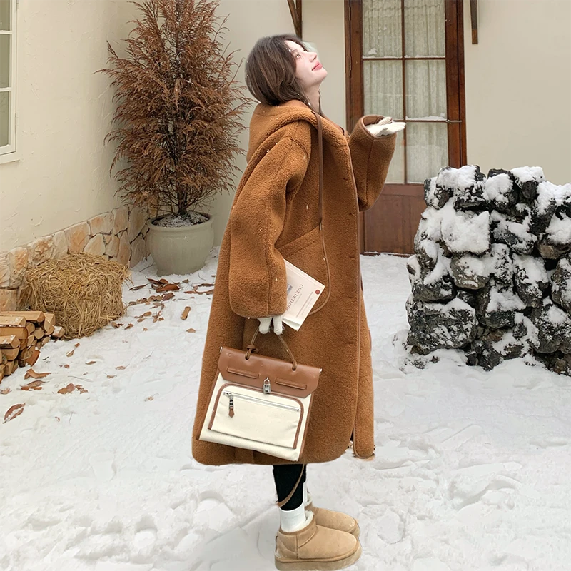 南瓜色皮毛一体仿羊羔毛大衣棉服外套女冬季2024新款中长款高级感