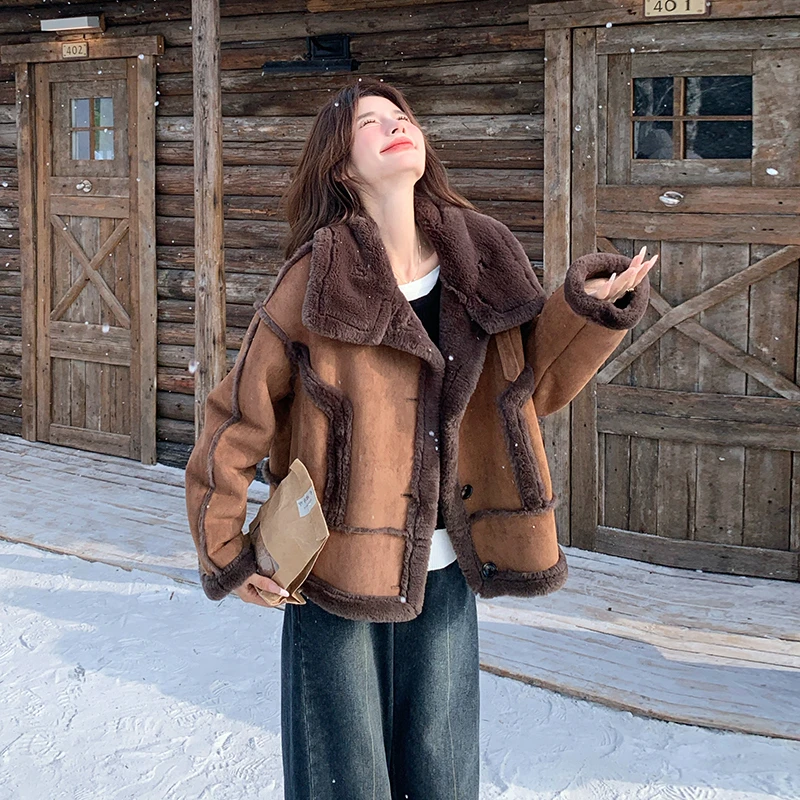 短款皮毛一体仿羊羔毛外套女2024冬新款加绒加厚小个子立领机车服