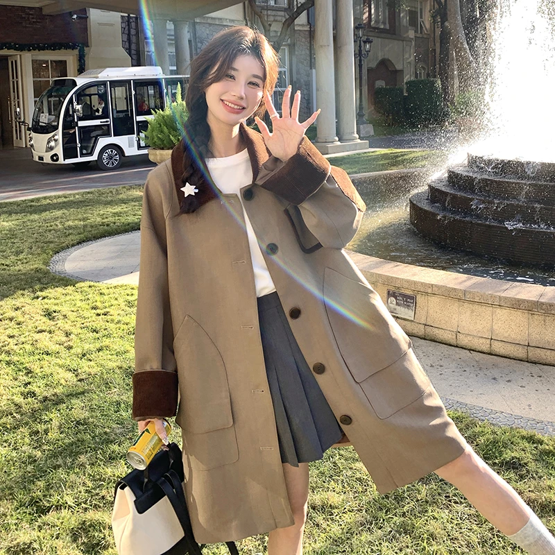 日系卡其色中长款风衣外套女2024春秋新款小个子英伦风高级感大衣