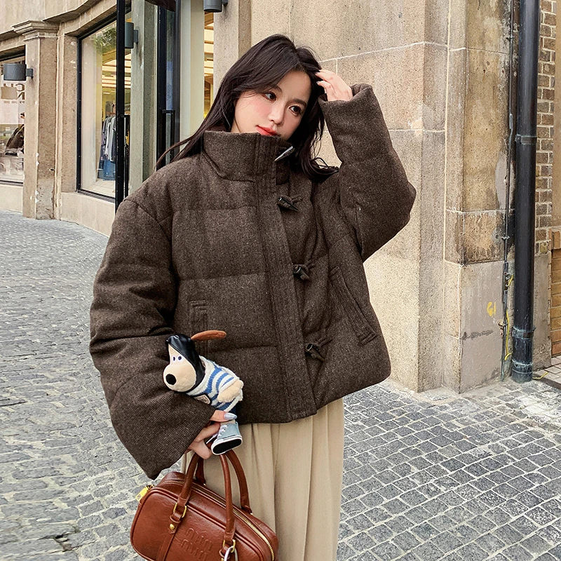 牛角扣短款白鸭绒羽绒棉服女2024冬韩系小个子保暖加厚外套面包服