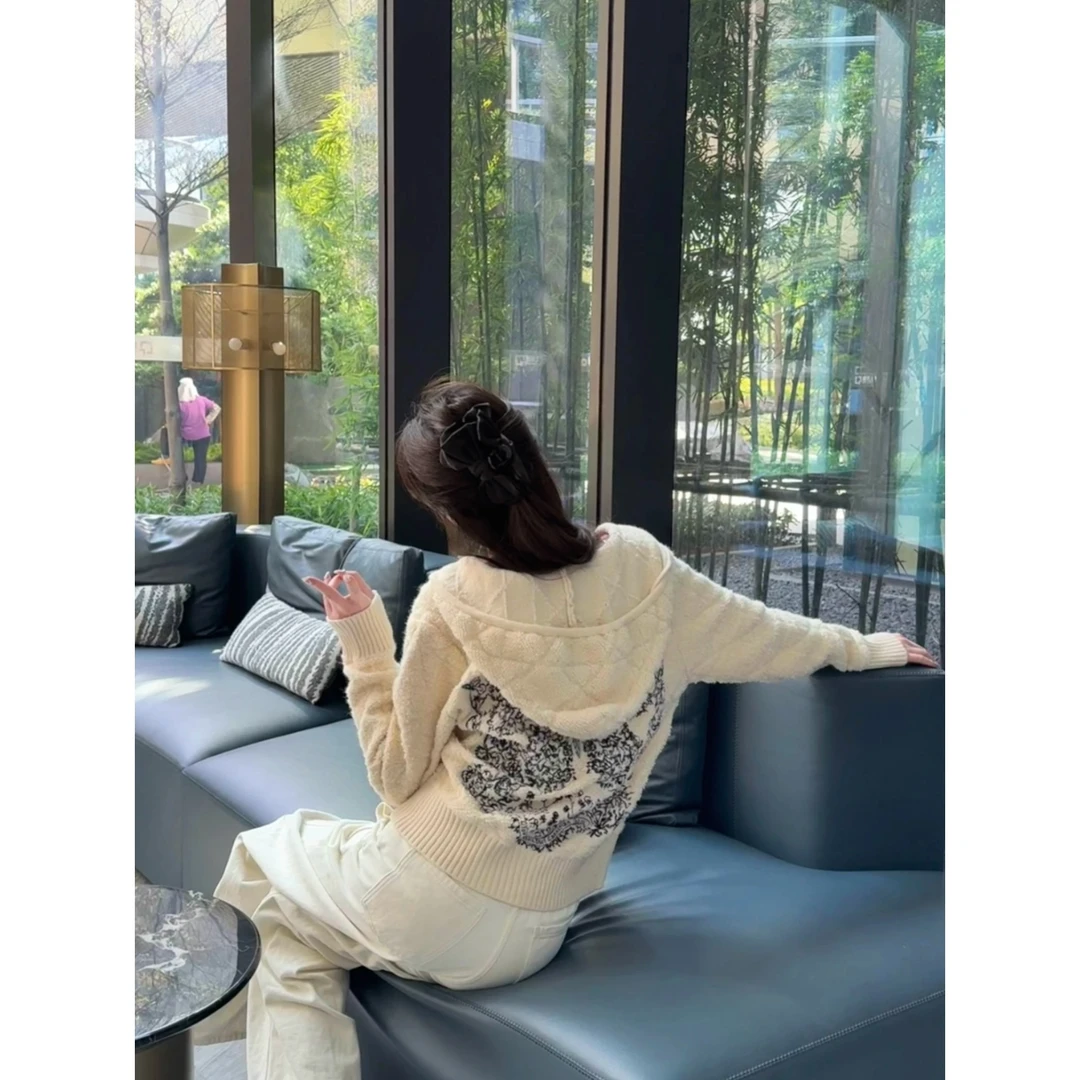 【思琦定制】针织连帽短款毛衣拉链开衫慵懒颗粒绒上衣休闲外套女