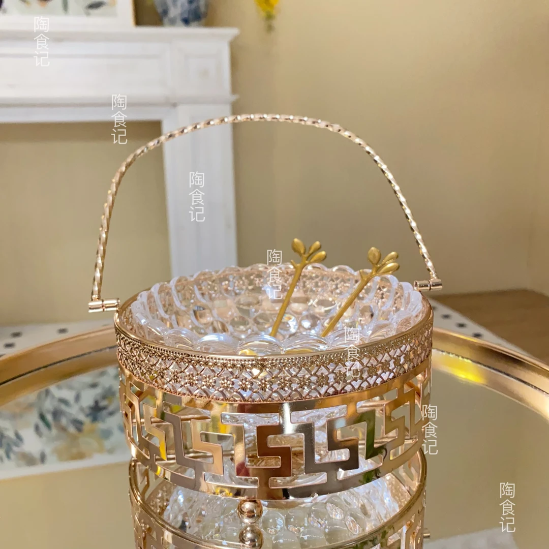 轻奢镂空高级玻璃金属手提甜品碗创意摆件