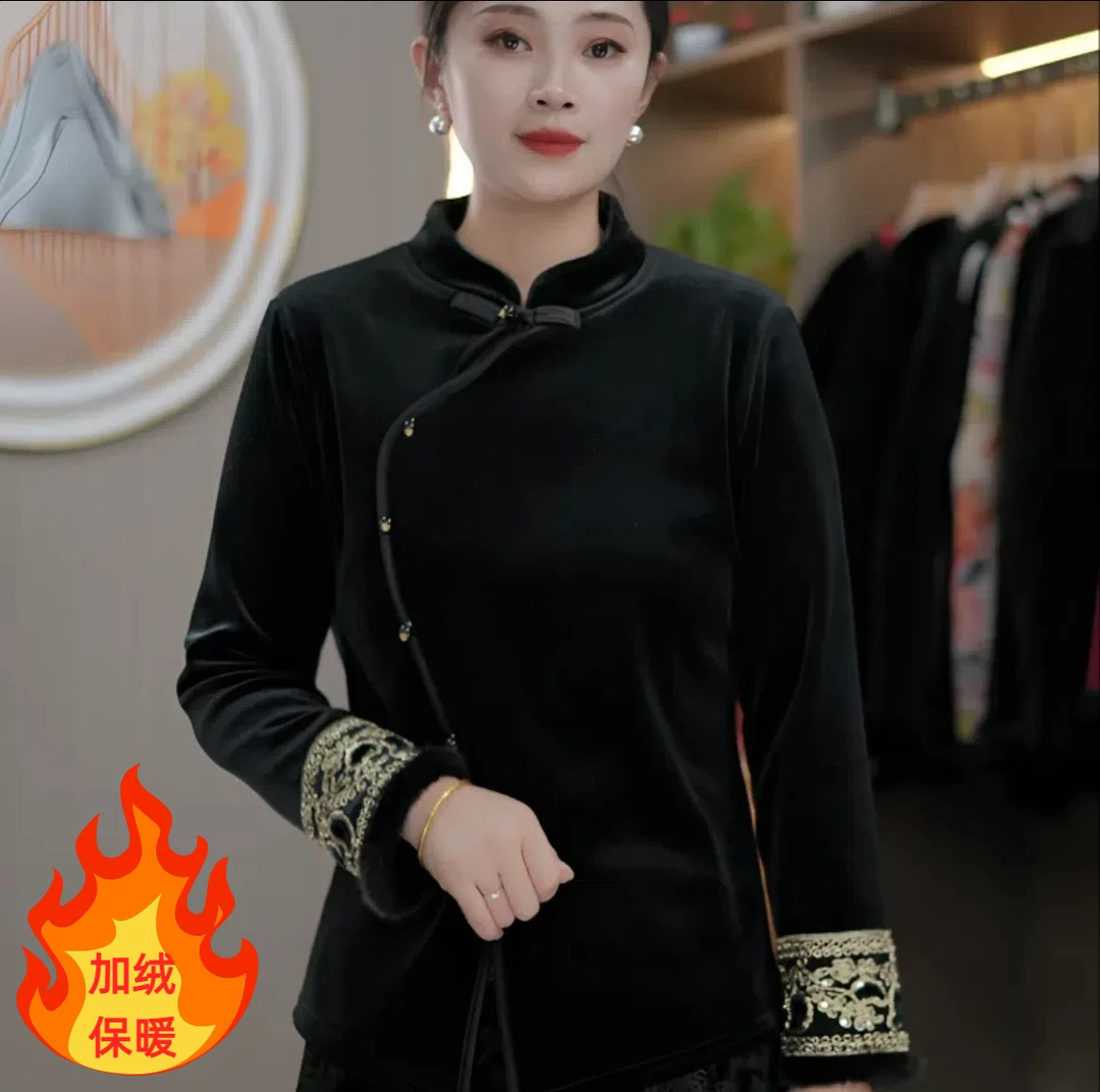 2025冬季新款新中式国风气质百搭印花斜领丝绒长袖加绒加厚上衣