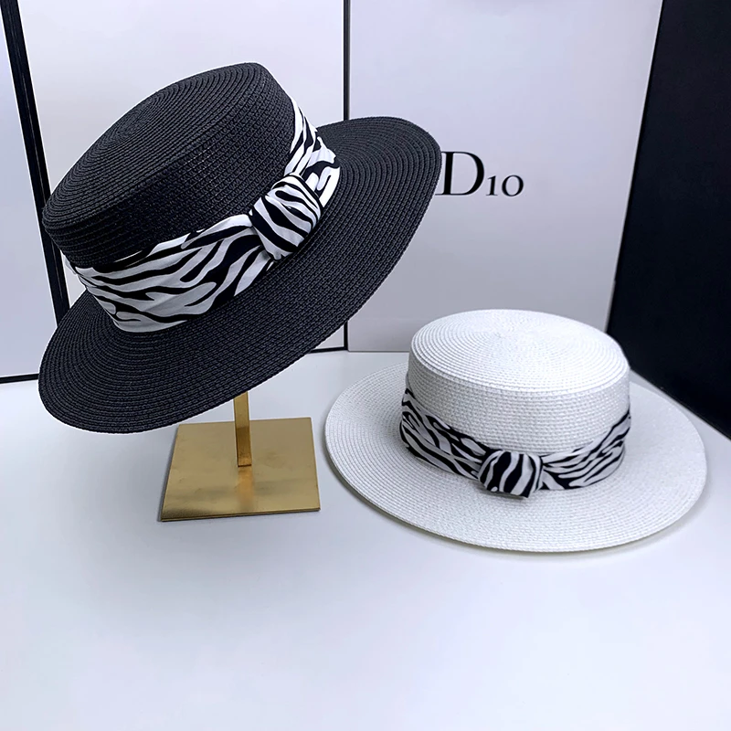 平顶礼帽女士夏季法式时尚2024新款草编太阳帽子海边防晒遮阳草帽
