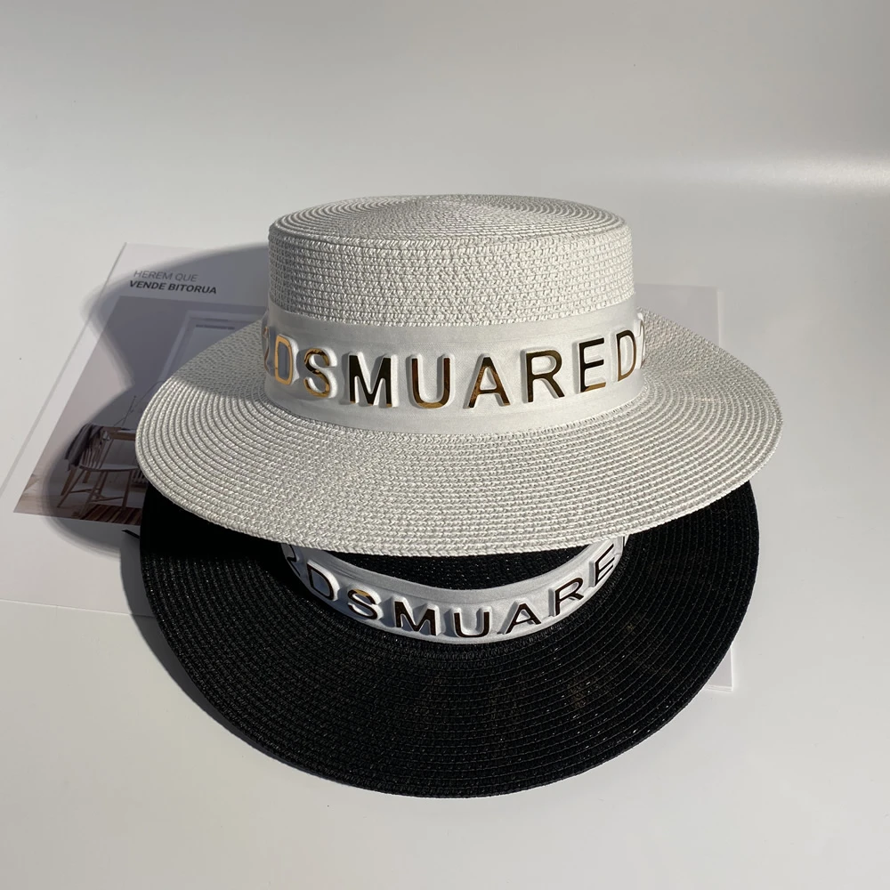 时尚平顶帽夏季草编新款休闲百搭网红同款字母名媛女士韩版太阳帽