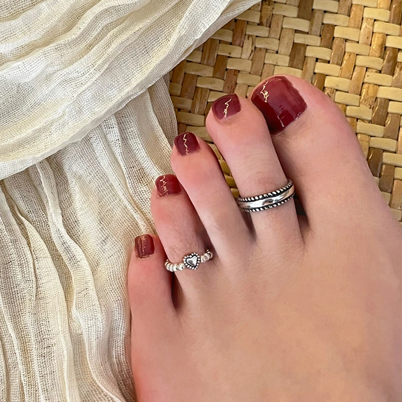 925银戒指 简约复古开口戒指女 爱心串珠戒指简约时尚个性戒指女