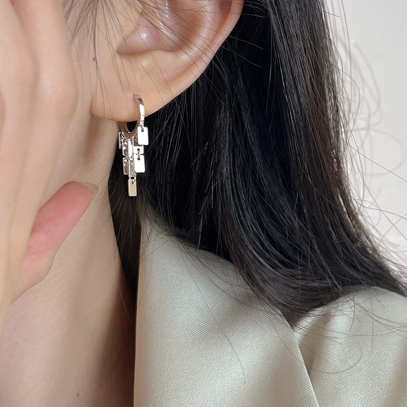 925银耳饰 方块流苏短款耳环 个性简约设计感冷淡风小众气质耳扣