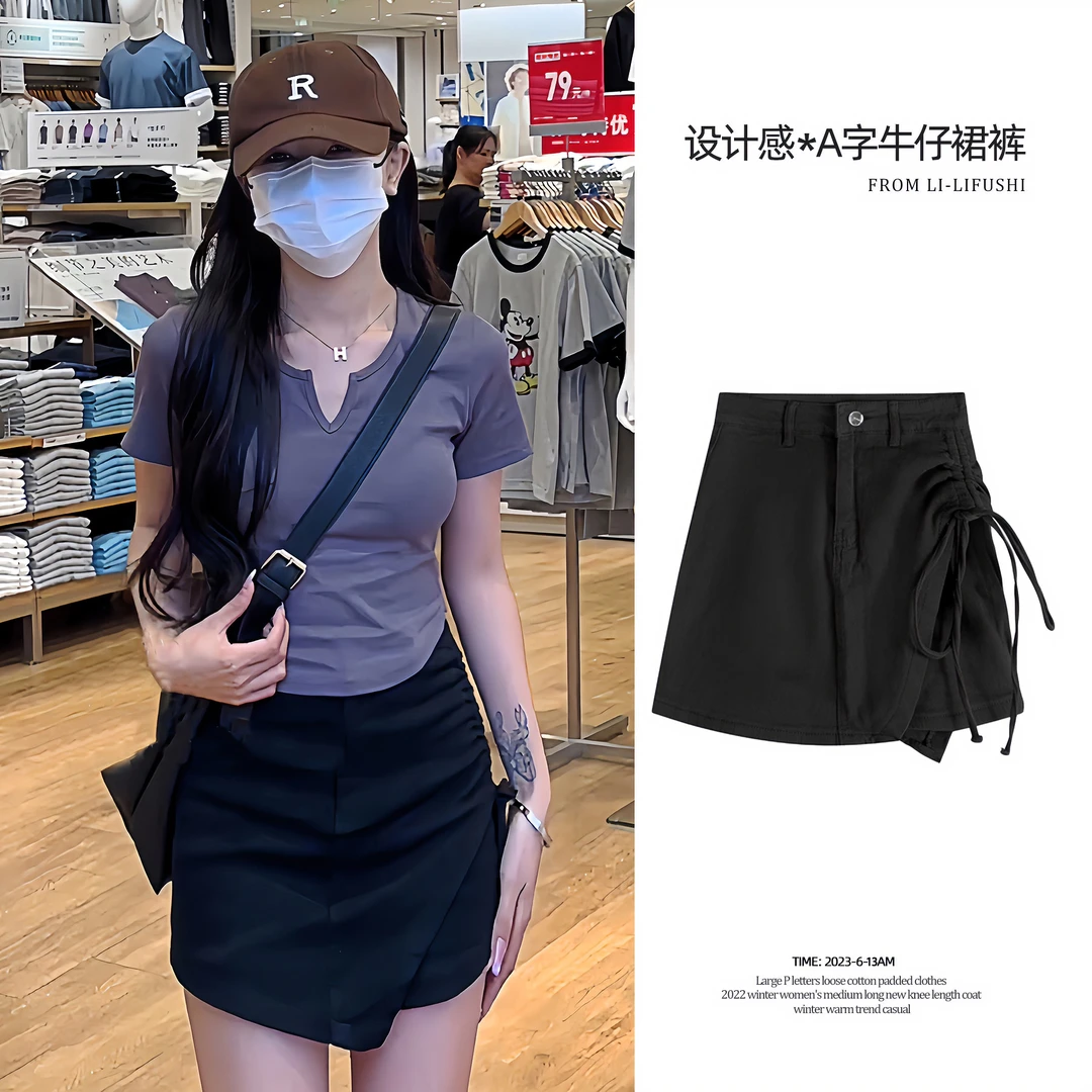 系带设计牛仔半身裙女2025年冬季新款不规则高腰显瘦a字短裤裙